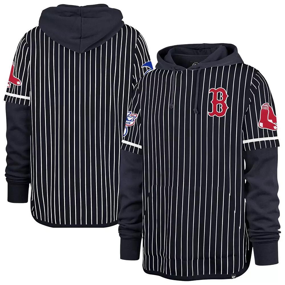 Men's '47  Navy Cleveland Guardians Pinstripe Double Header Pullover Hoodie, Size: 2XL, Grd Blue Product Image