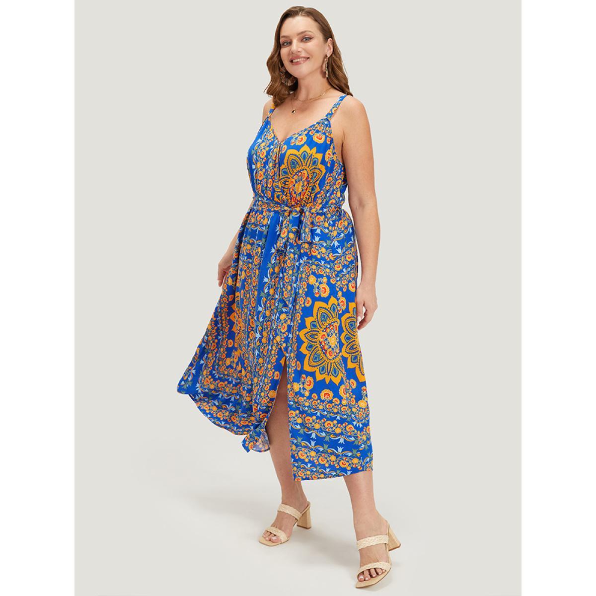 Plus Size Boho Print Belted Split Hem Pocket Cami Dress Blue Women Vacation Gathered V-neck Sleeveless Curvy Midi Dress BloomChic 28/5X Product Image