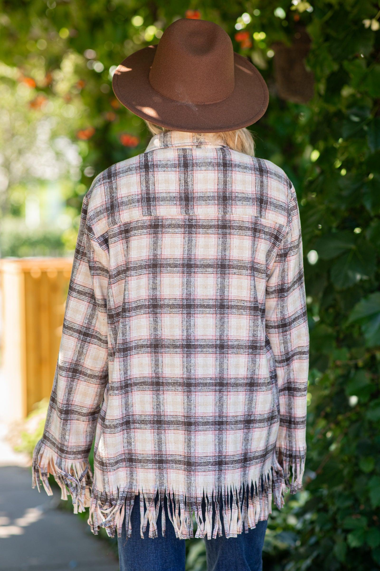Tan Fringe Hem Plaid Shacket Product Image