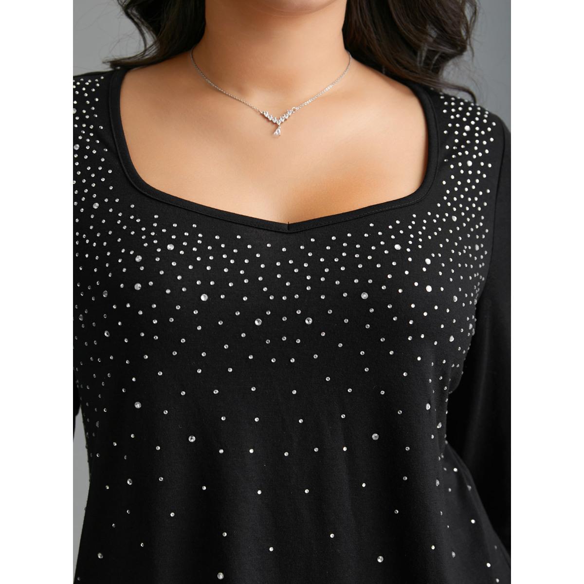Plus Size Sequin Stretchy Long Sleeve T-shirt Black Women Elegant Rhinestone detailing Heart neckline Everyday T-shirts BloomChic 30/6X Product Image