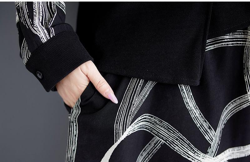 Long-Sleeve Stand Collar Mock Two-Piece Print Frill Trim Midi Tunic Dress Product Image