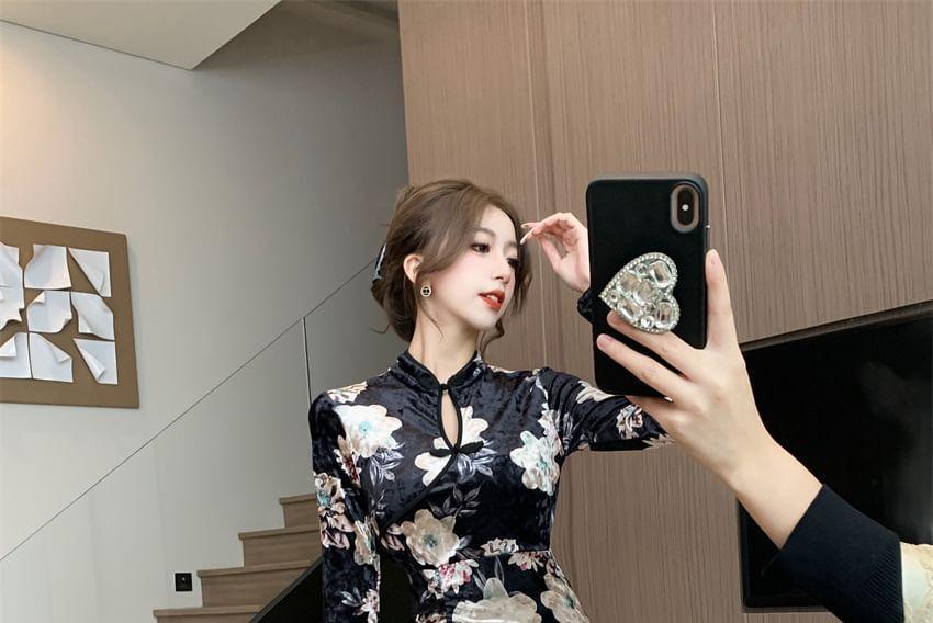 Long-Sleeve Stand Collar Floral Print Keyhole Slit Midi Bodycon Dress Product Image