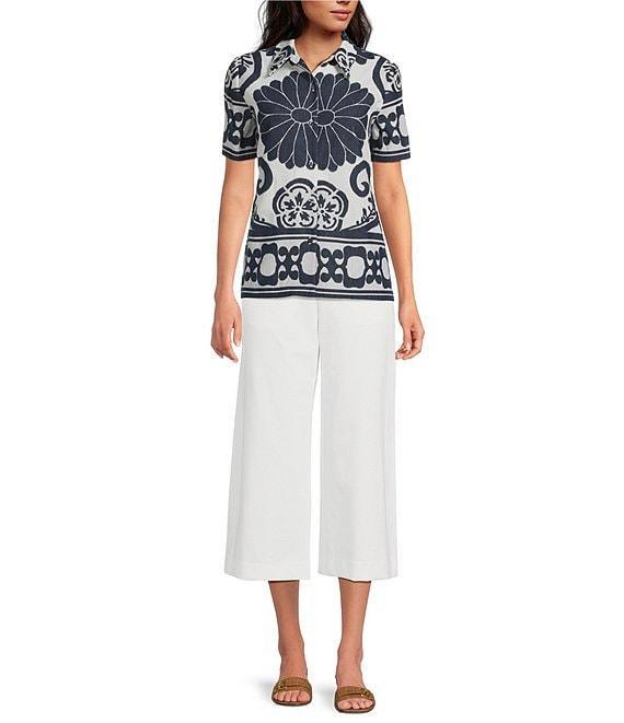 Trina Turk Abba Printed Clip Jacquard Point Collar Short Sleeve Top Product Image