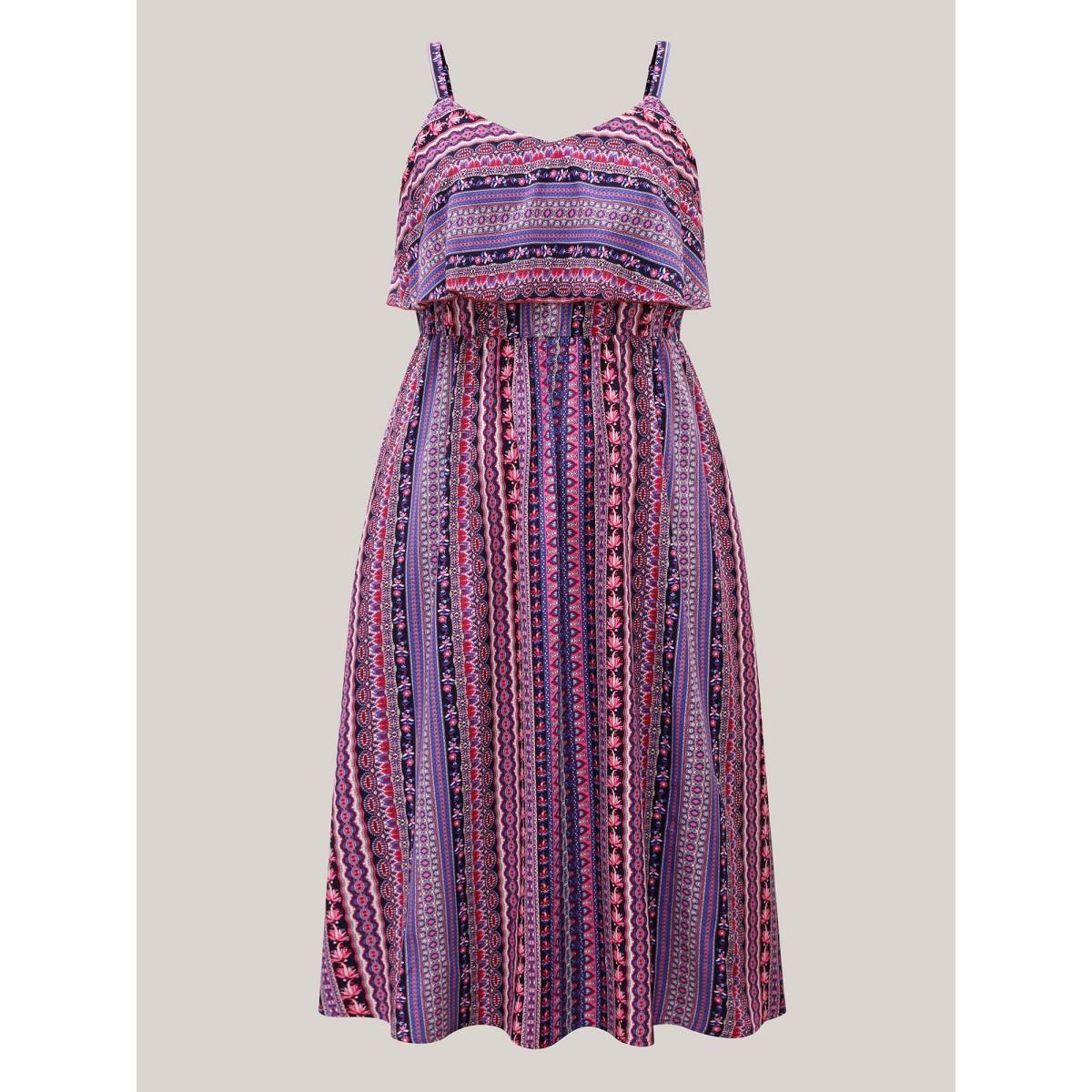 Plus Size Boho Print Stretchy Waist Pockets Midi Dress Deeppurplered Women Resort Tiered V-neck Sleeveless Curvy BloomChic 10/M Product Image