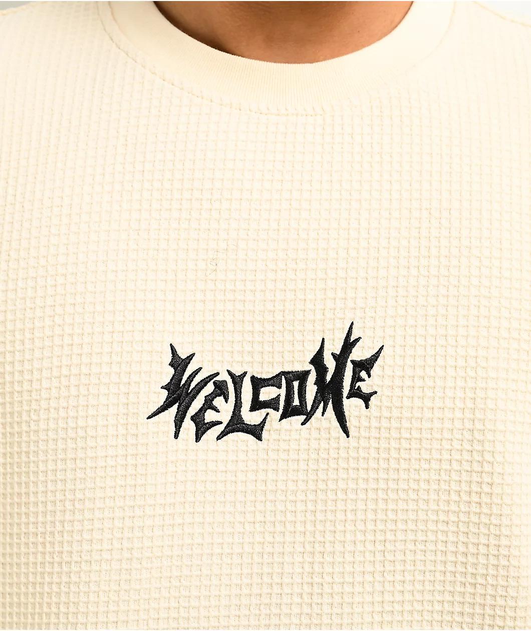 Welcome Phantom Embroidered Bone Waffle Knit T-Shirt  Product Image