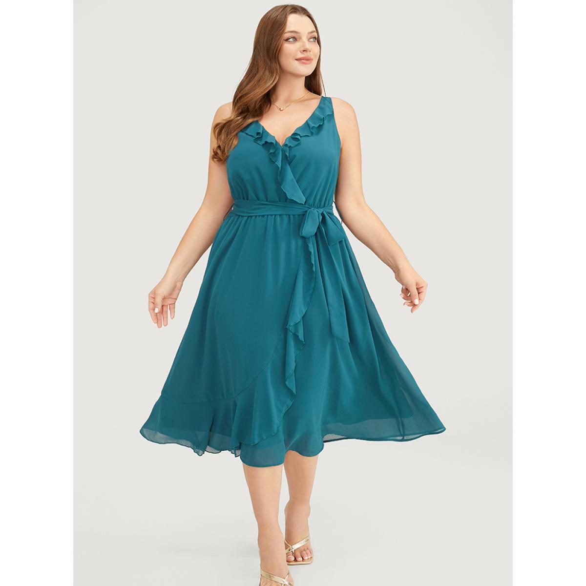 Plus Size Plain Belted Pocket Ruffle Trim Surplice Neck Cami Dress Cyan Women Elegant Adjustable Straps V-neck Sleeveless Curvy Midi Dress BloomChic 28/5X Product Image