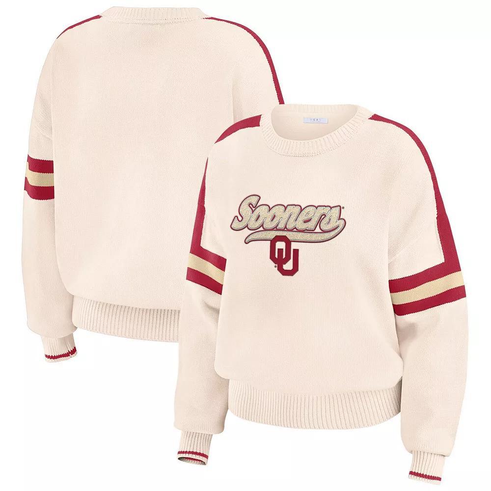 Womens WEAR by Erin Andrews Cream Oklahoma Sooners Chenille Woven Patch Stripe Pullover Sweater Product Image