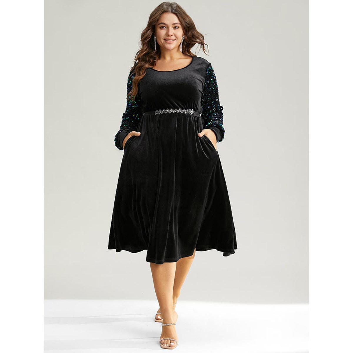Plus Size Velvet Patchwork Sequin Elastic Waist Dress Black Women Party Velvet Scoop Neck Long Sleeve Curvy Midi Dress BloomChic 28/5X Product Image