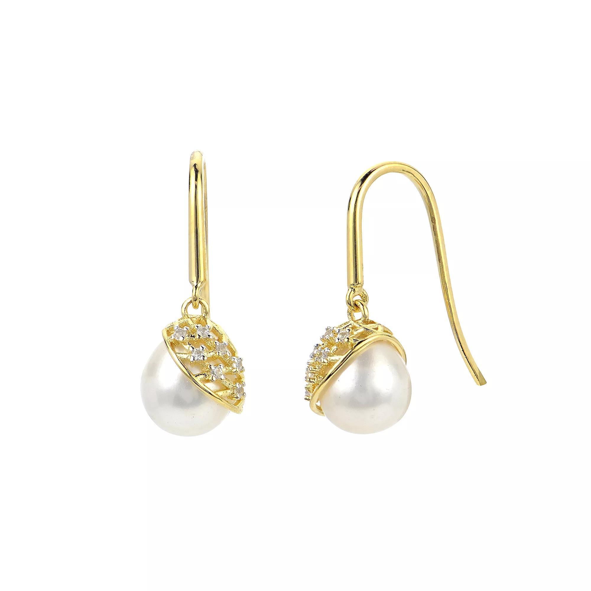 PearLustre by Imperial 14k Gold Over Silver Freshwater Cultured Pearl & Lab-Created White Sapphire Lattice Earrings, Womens, 14k Gold Plated Product Image