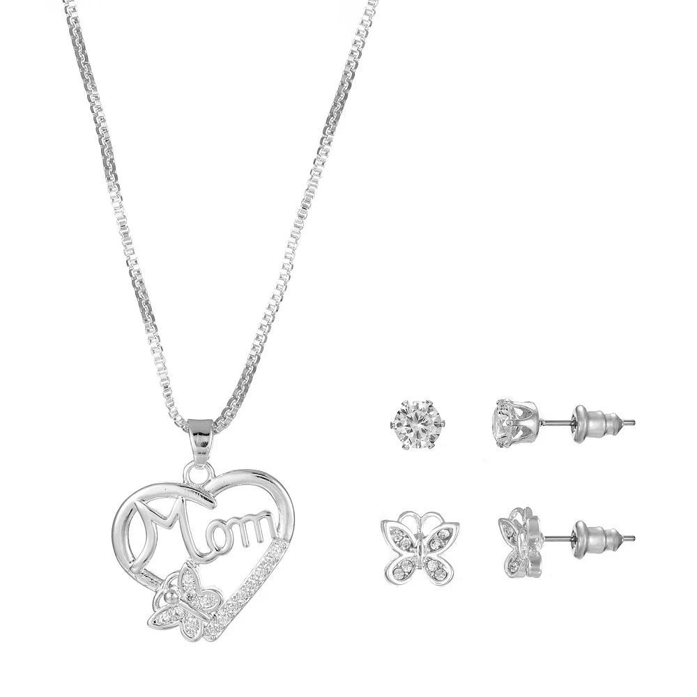 Silver Tone Cubic Zirconia "Mom" Heart Pendant Necklace & Stud Earrings Duo Set, Women's Product Image