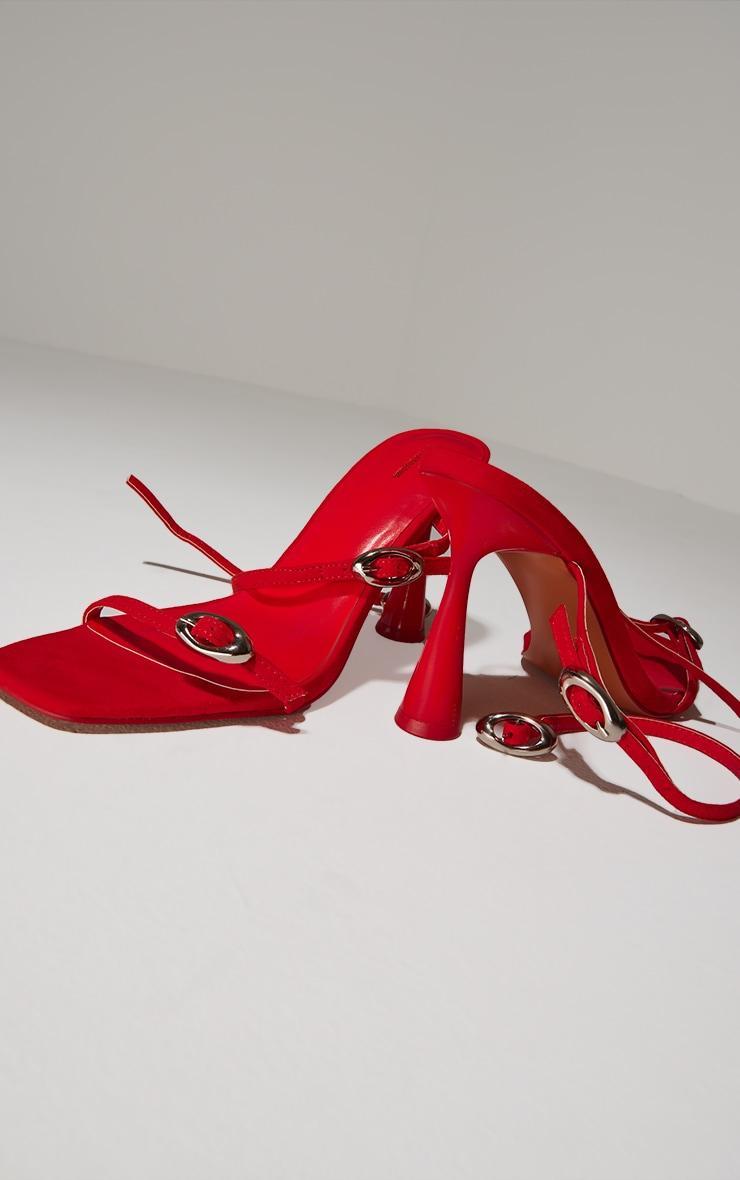 Red Pu Round Toe Silver Buckle Cross Strap Detail High Stiletto Heeled Sandals Product Image