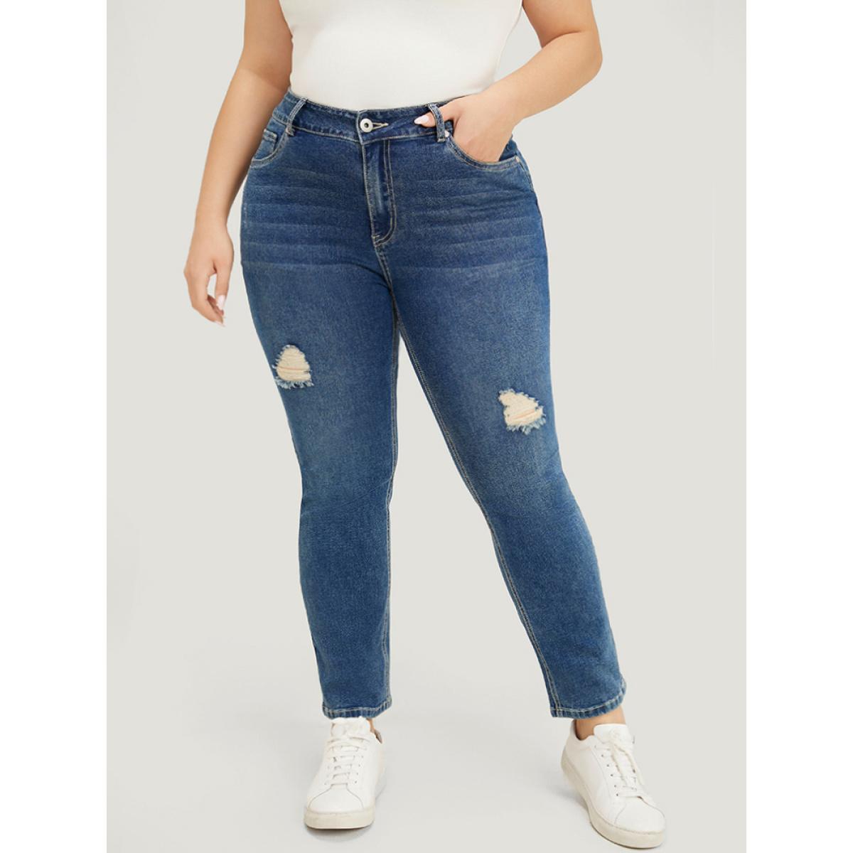 Plus Size Straight Leg Very Stretchy High Rise Medium Wash Jeans Women Indigo Casual Plain Distressed High stretch Pocket Jeans BloomChic 12/L Product Image