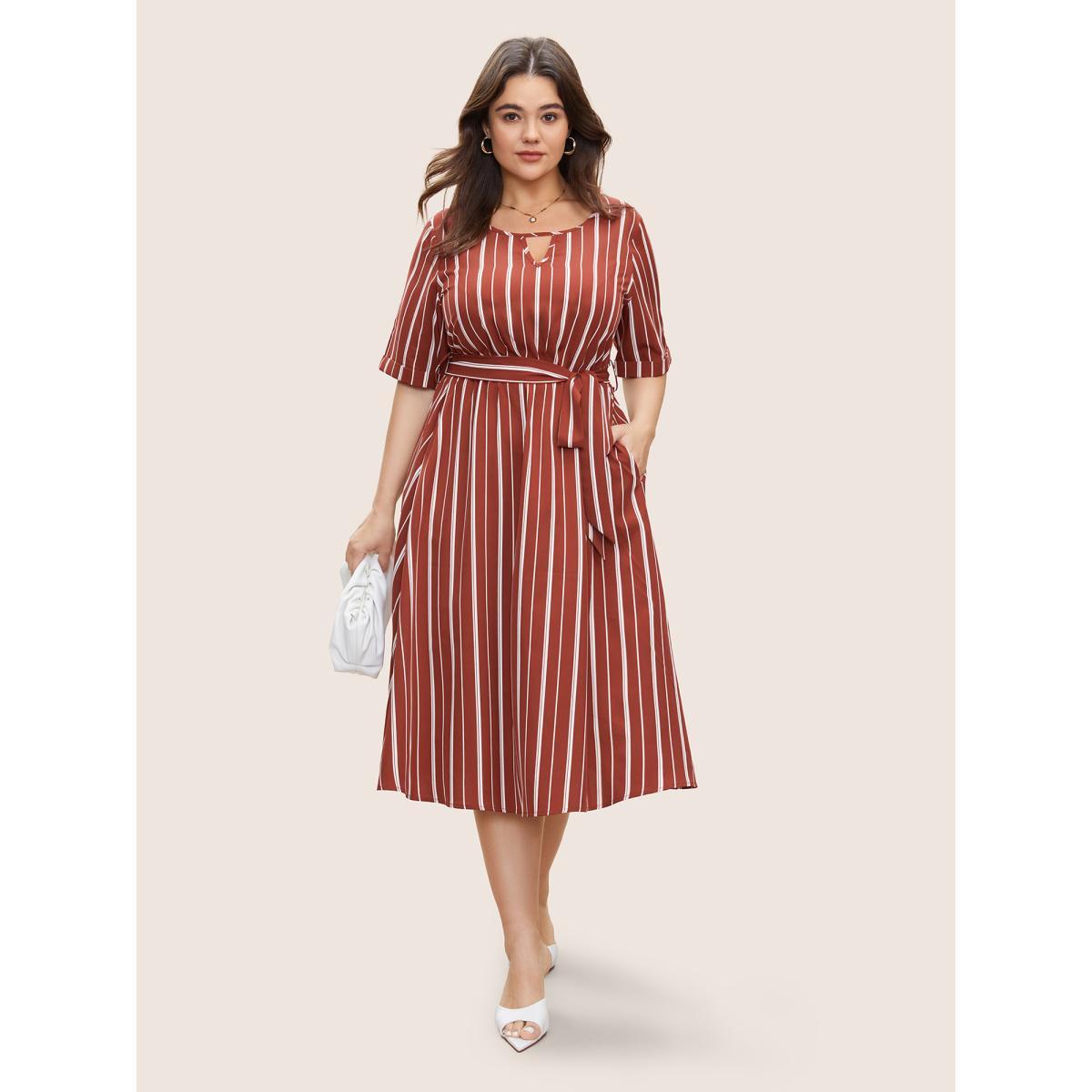 Plus Size Striped Keyhole Pocket Belted Elastic Waist Dress Russet Women At the Office Non Notched collar Half Sleeve Curvy Midi Dress BloomChic 28/5X Product Image