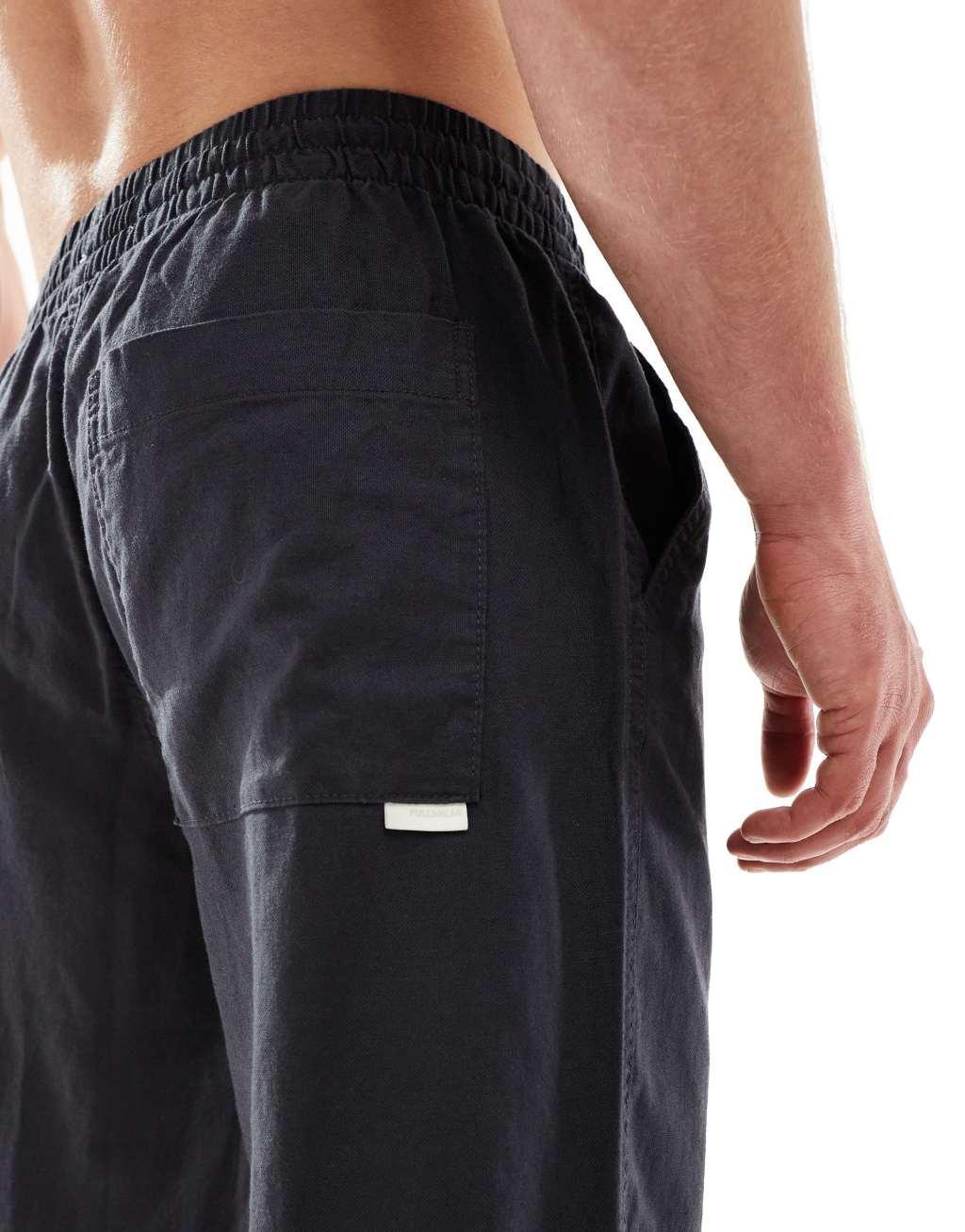 Pull&Bear linen mix wide leg pants in black Product Image