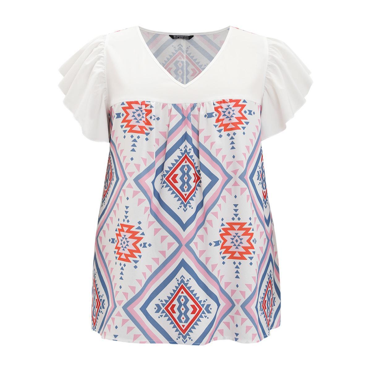 Plus Size White Bandana Print Flutter Cap Sleeve Gathered Blouse Women Vacation Cap Sleeve V-neck Dailywear Blouses BloomChic 10/M Product Image