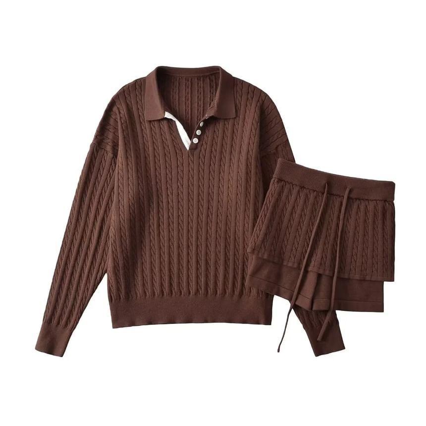 Polo Collared Plain Cable Knit Sweater Product Image