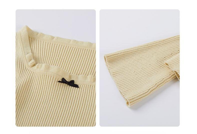 Long-Sleeve Square Neck Bow Ribbed Knit Top Product Image