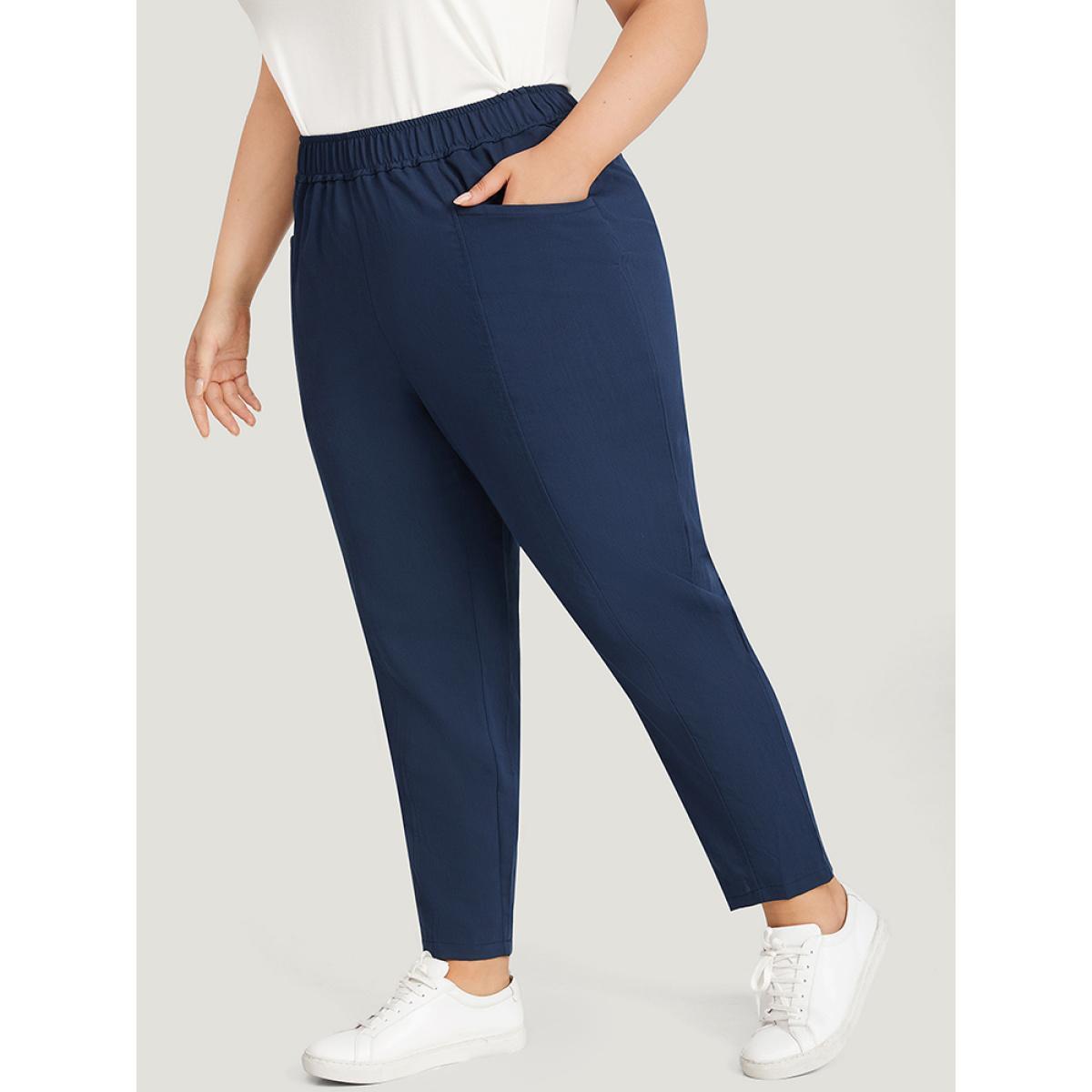 Plus Size Solid Elastic Waist Pocket High Rise Pants Women Indigo Casual High Rise Dailywear Pants BloomChic 28/5X Product Image