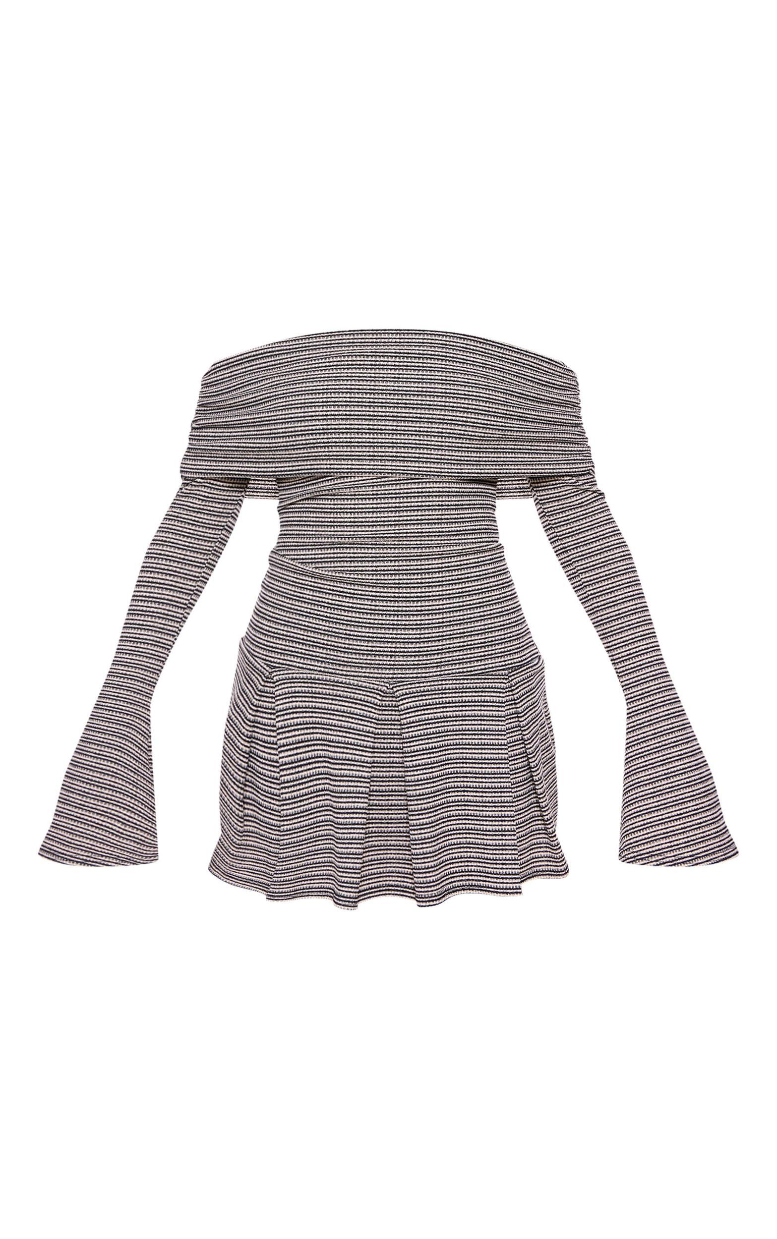 Monochrome Textured Bardot Flared Sleeve Shift Dress Product Image