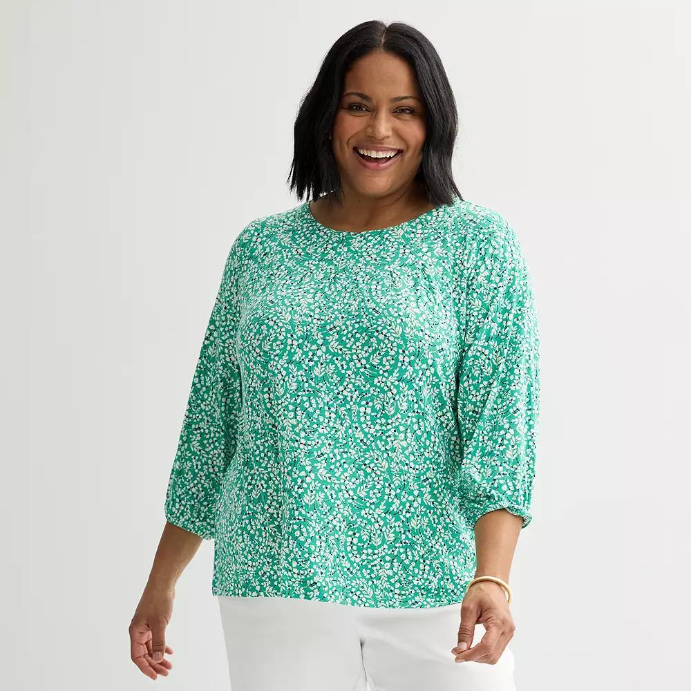 Plus Size Croft & Barrow® 3/4-Sleeve Pleated Top, Women's, Size: 2XL, Green White Floral Product Image