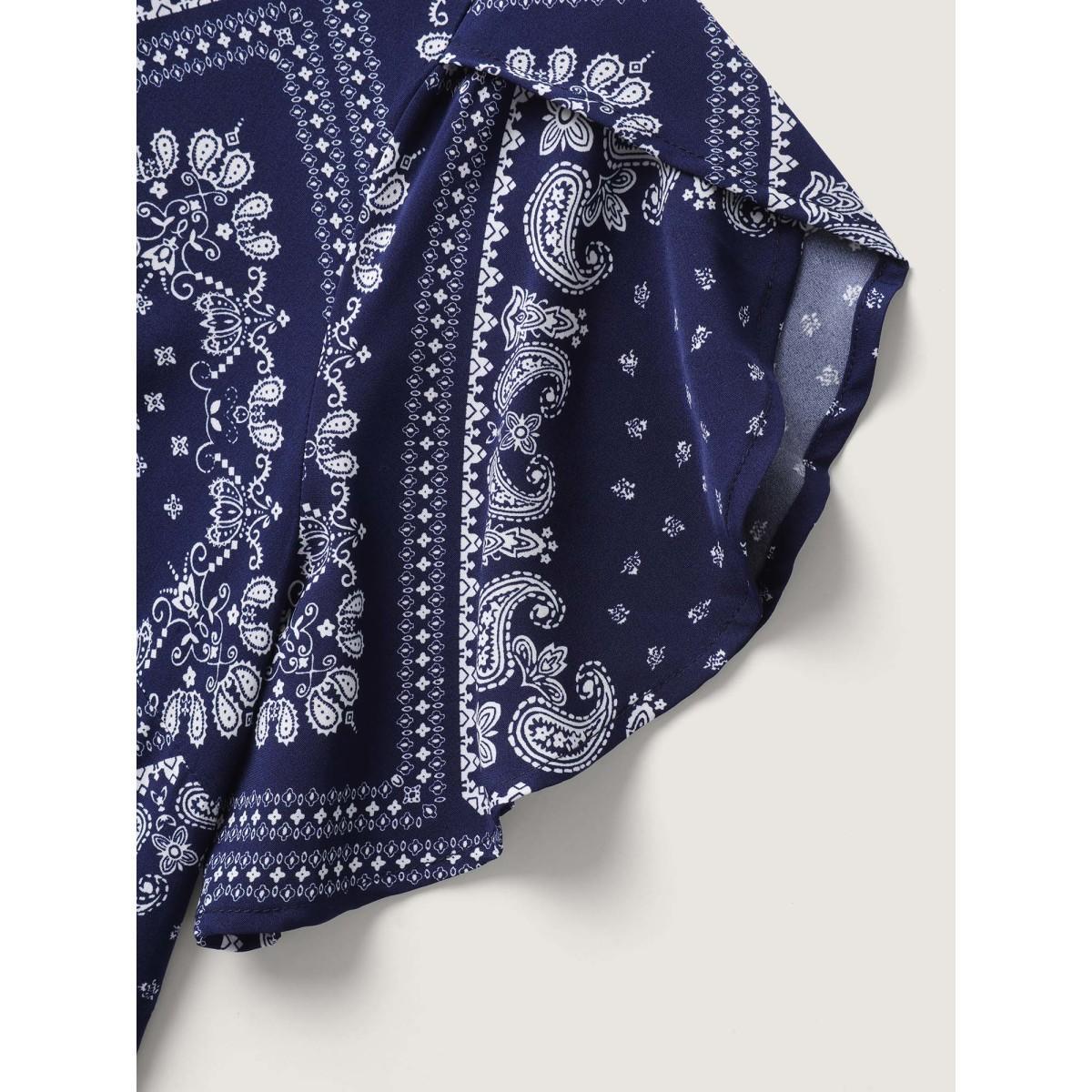 Plus Size Paisley Print Waist Drawstring Midi Dress Navy Women Petal edge V-neck Short sleeve Curvy BloomChic 14-16/1X Product Image