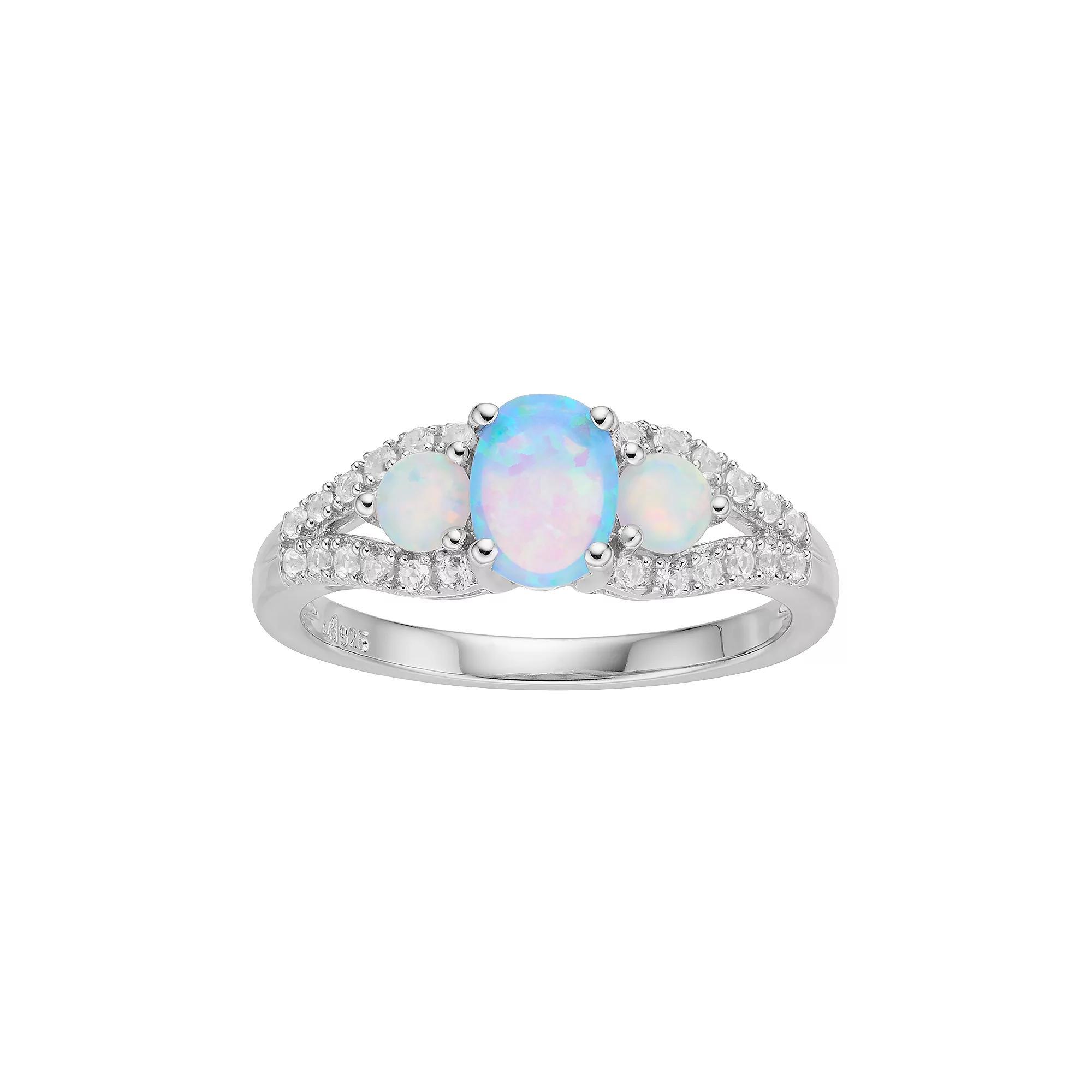 Sterling Silver Lab-Created Opal & White Sapphire 3-Stone Ring, Women's, Size: 6 Product Image