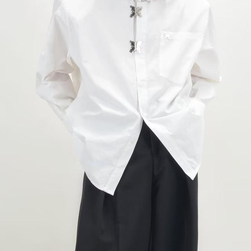 Long-Sleeve Plain Butterfly Accent Pocket Detail Shirt Product Image