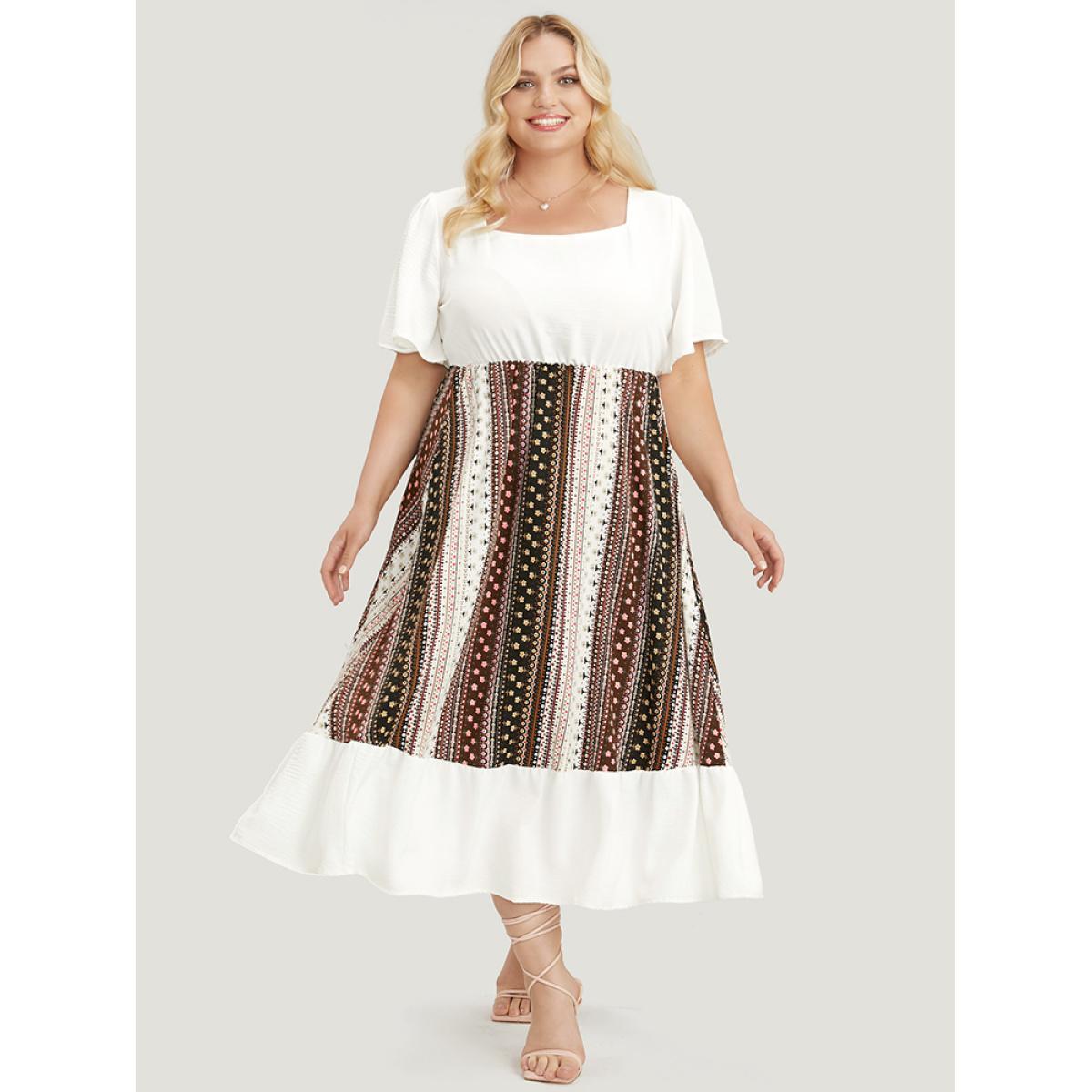 Plus Size Bandana Patchwork Square Neck Pocket Ruffles Hem Dress Ivory Women Vacation Patchwork Square Neck Short sleeve Curvy Midi Dress BloomChic 18-20/2X Product Image