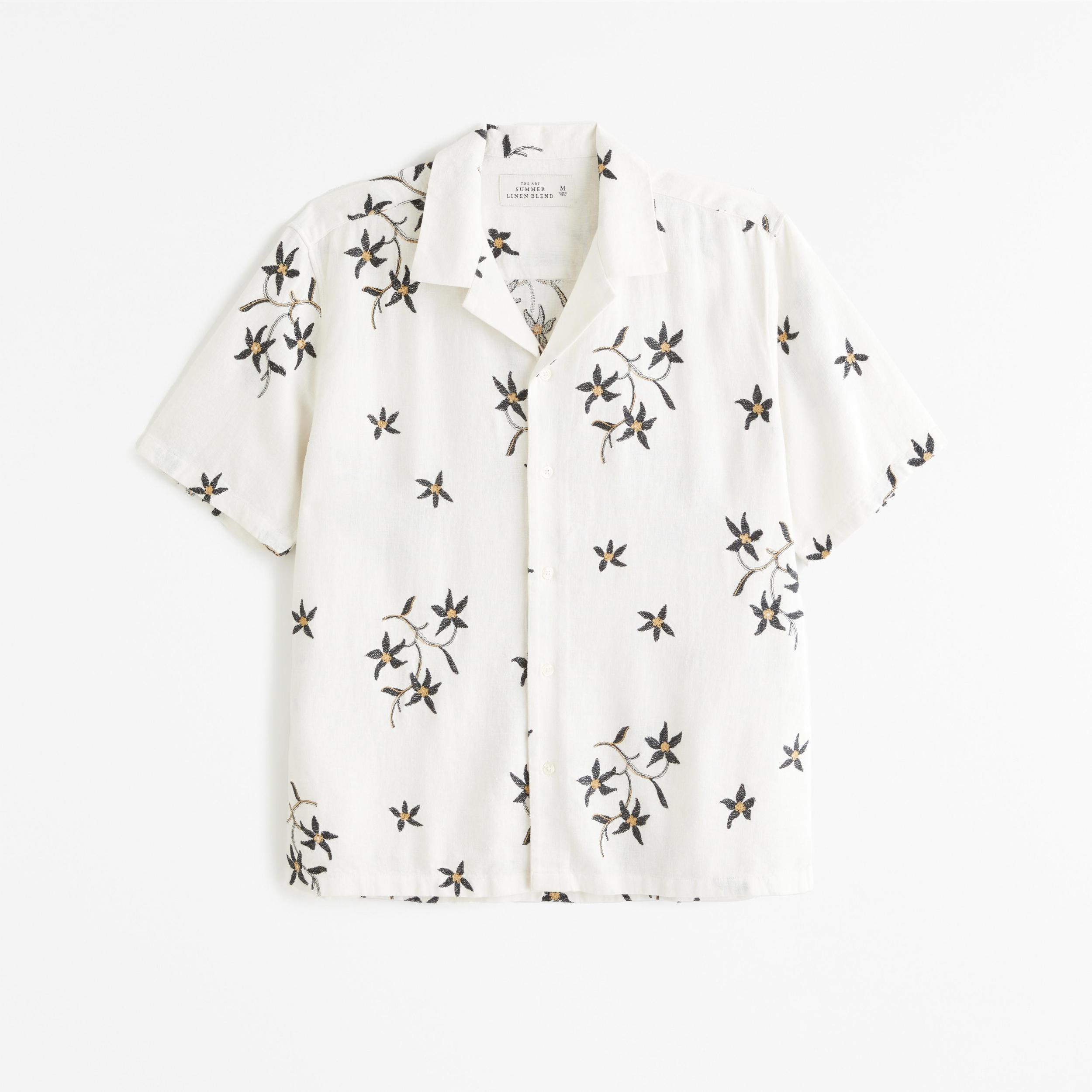 Camp Collar Summer Linen-Blend Embroidered Shirt Product Image