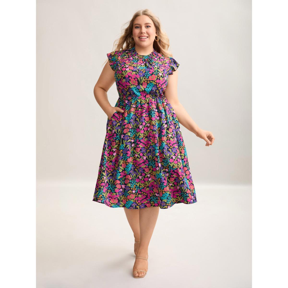 Plus Size Floral Print Shirred Pockets Midi Dress Indigo Women Elegant Frill Trim Mock Neck Cap Sleeve Curvy BloomChic 28/5X Product Image