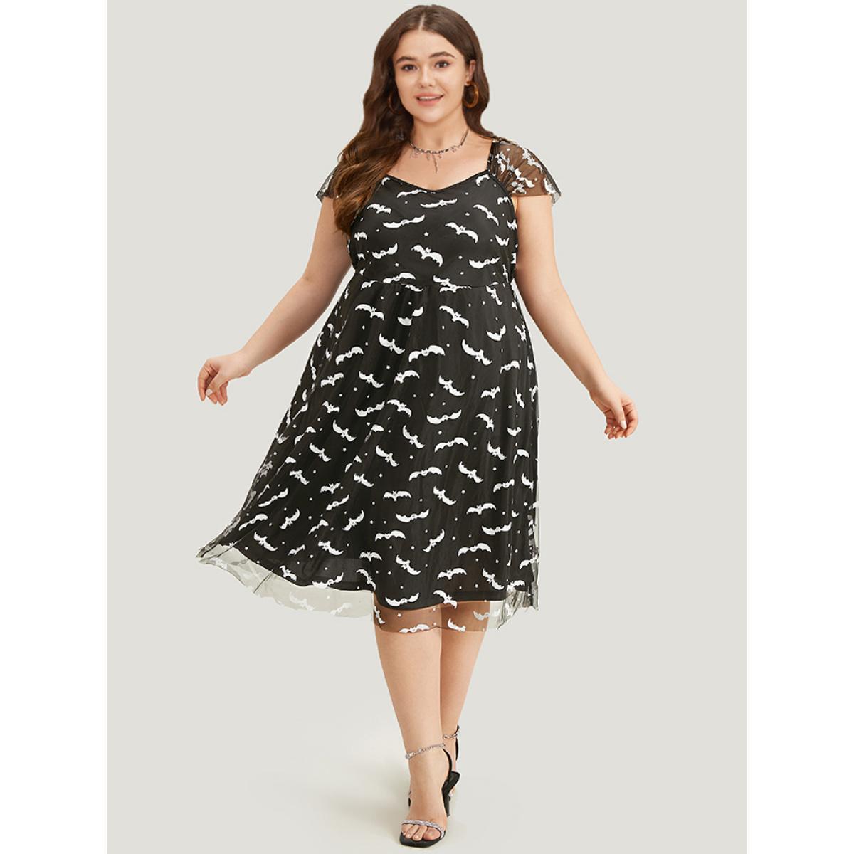 Plus Size Halloween Bat Print Mesh Square Neck Dress Black Women Glamour See through Square Neck Sleeveless Curvy Midi Dress BloomChic 12/L Product Image