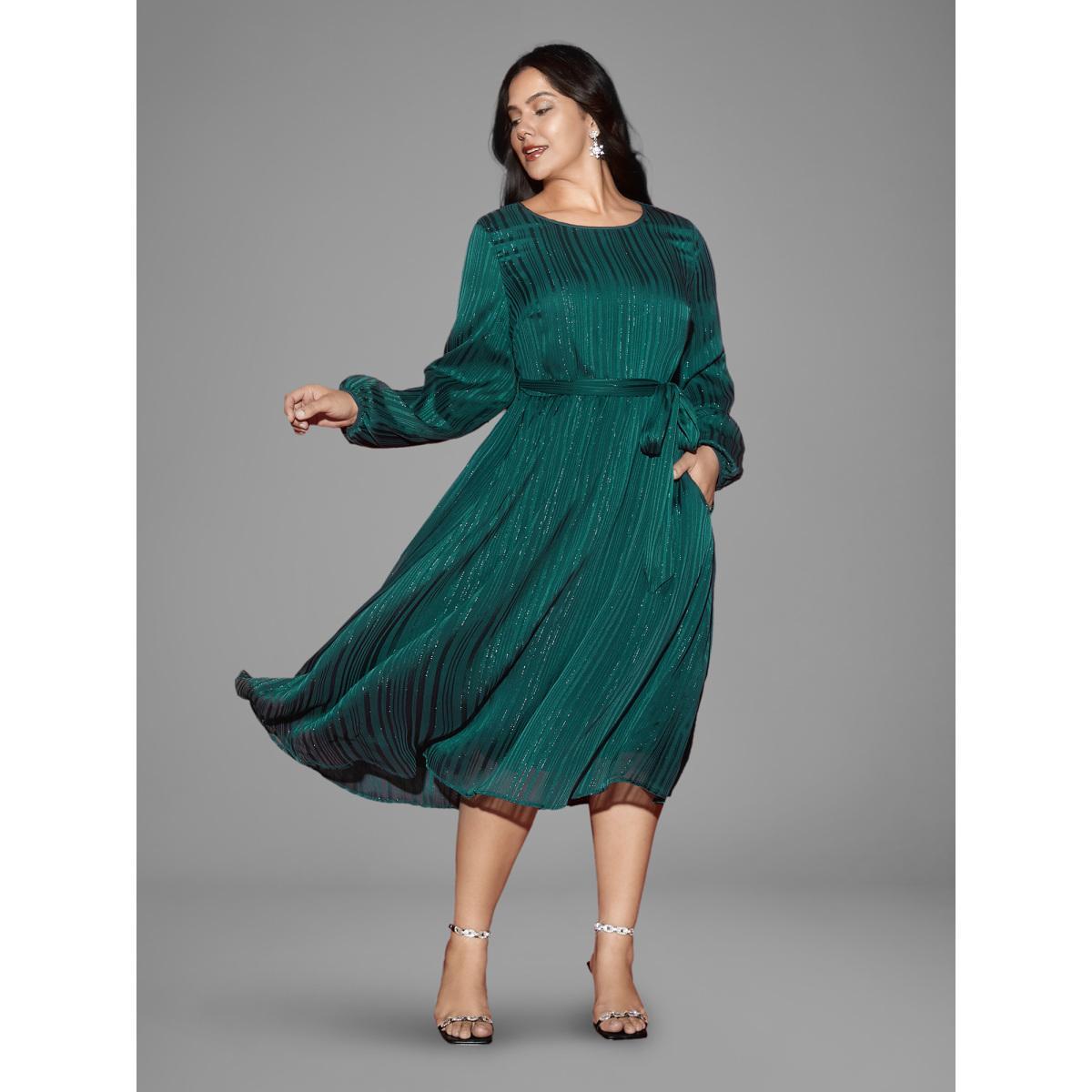 Plus Size Shimmery Silver Thread Waist-Tie Midi Dress Teal Women Cocktail Texture Round Neck Long Sleeve Curvy BloomChic 14-16/1X Product Image