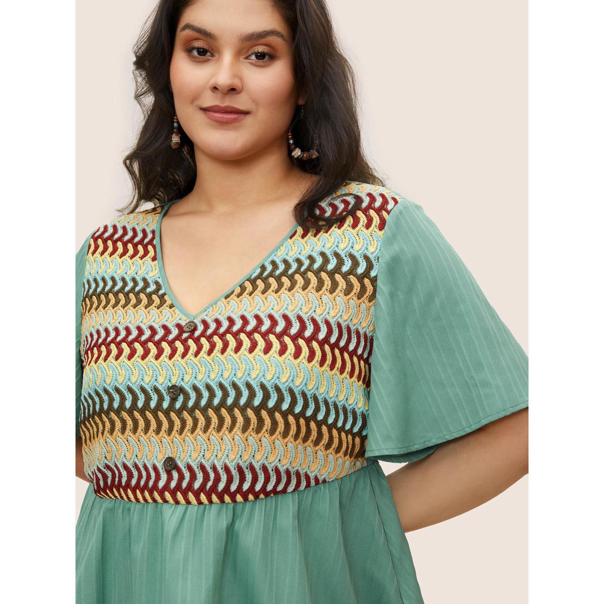 Plus Size Mint Texture Patchwork Ruffle Sleeve Button Detail Blouse Women Resort Short sleeve V-neck Vacation Blouses BloomChic 12/L Product Image