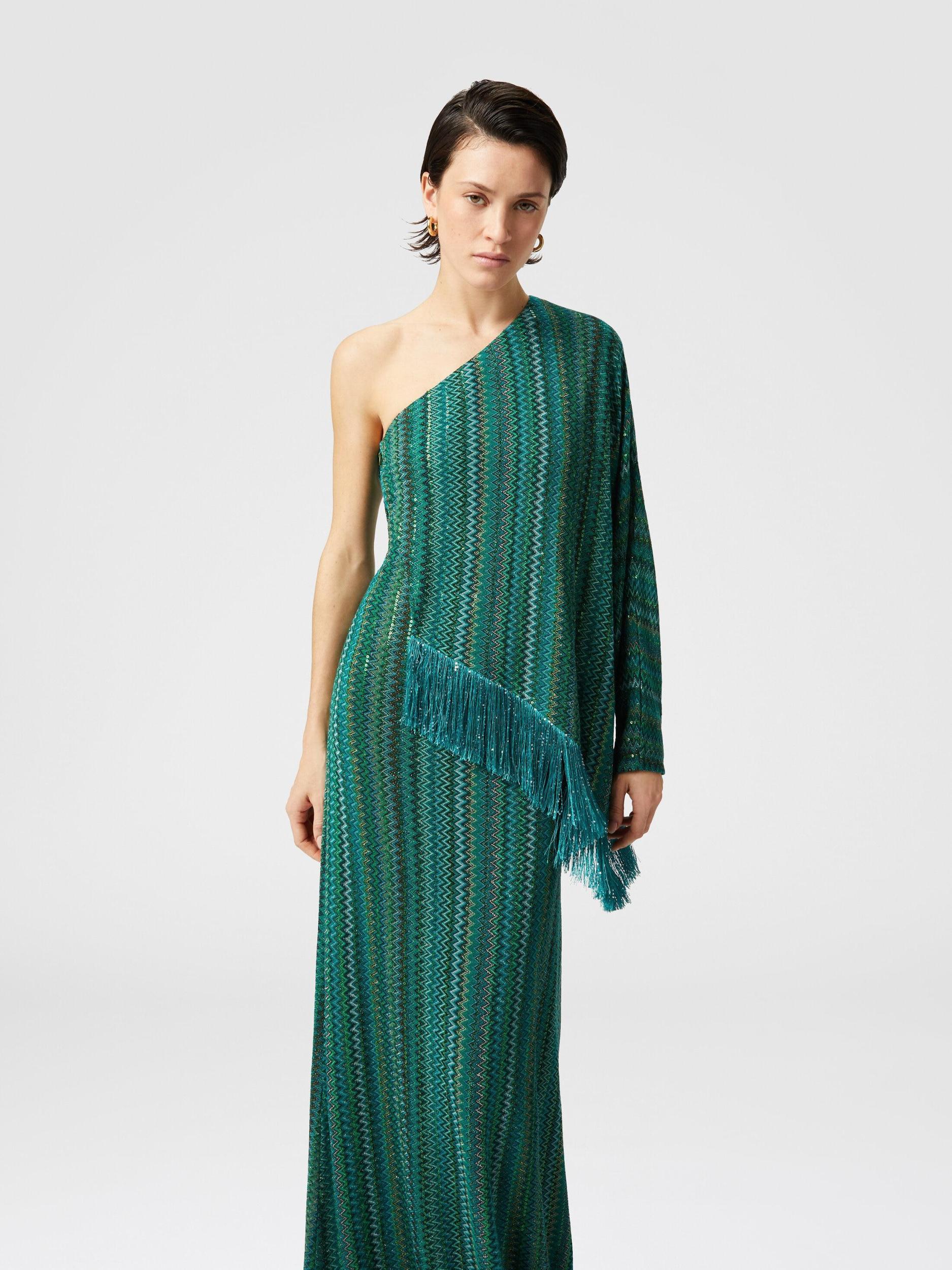 Long one-shoulder zigzag dress with sequins and fringes Product Image