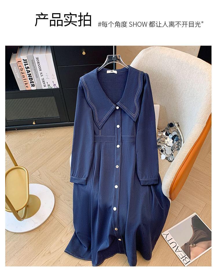 Plus Size Long-Sleeve Sailor Collar Contrast Stitched Button-Up Midi A-Line Dress Product Image