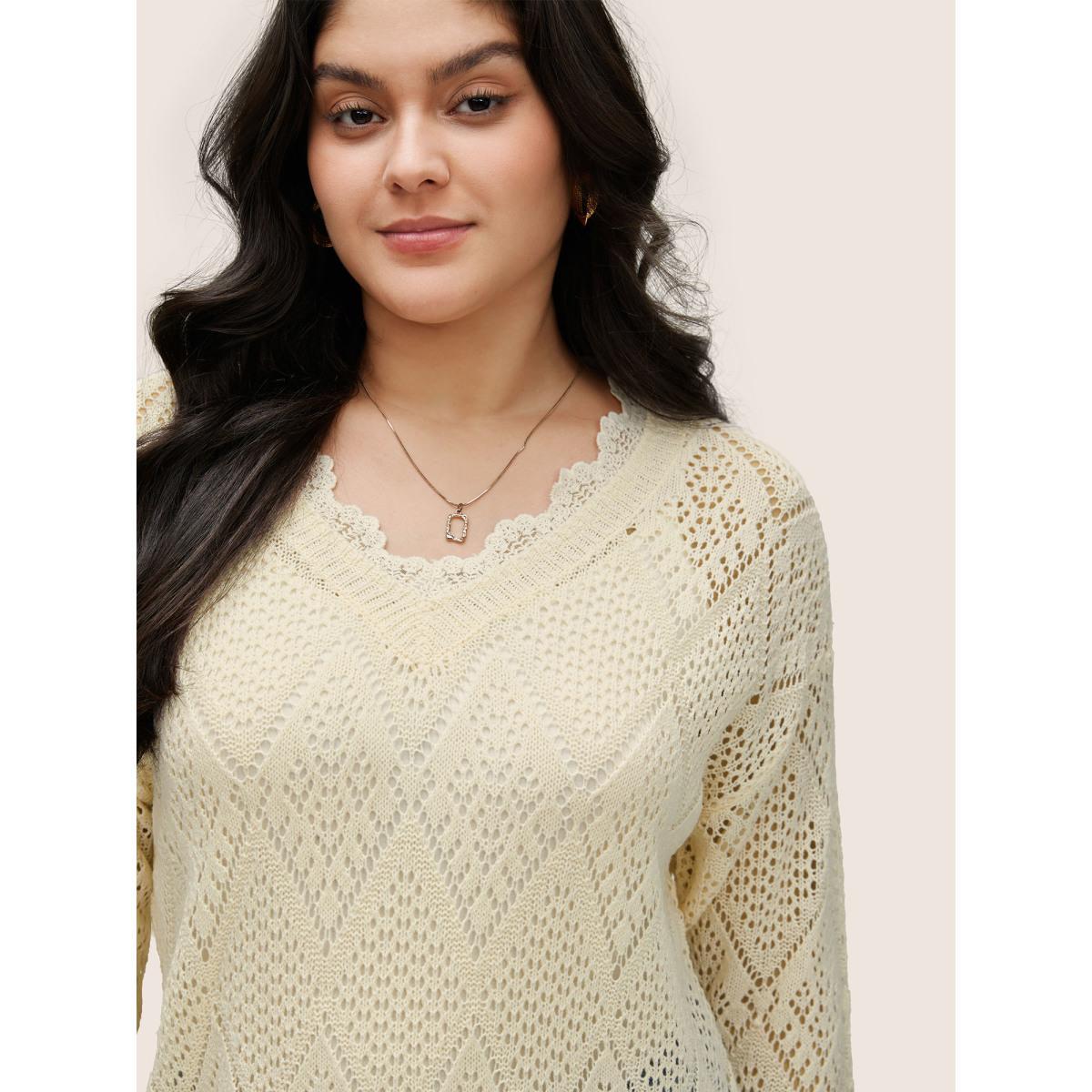 Plus Size Geometric Hollow Out Mesh Lace Panel Pullover Apricot Women Elegant Long Sleeve V-neck Everyday Pullovers BloomChic 28/5X Product Image
