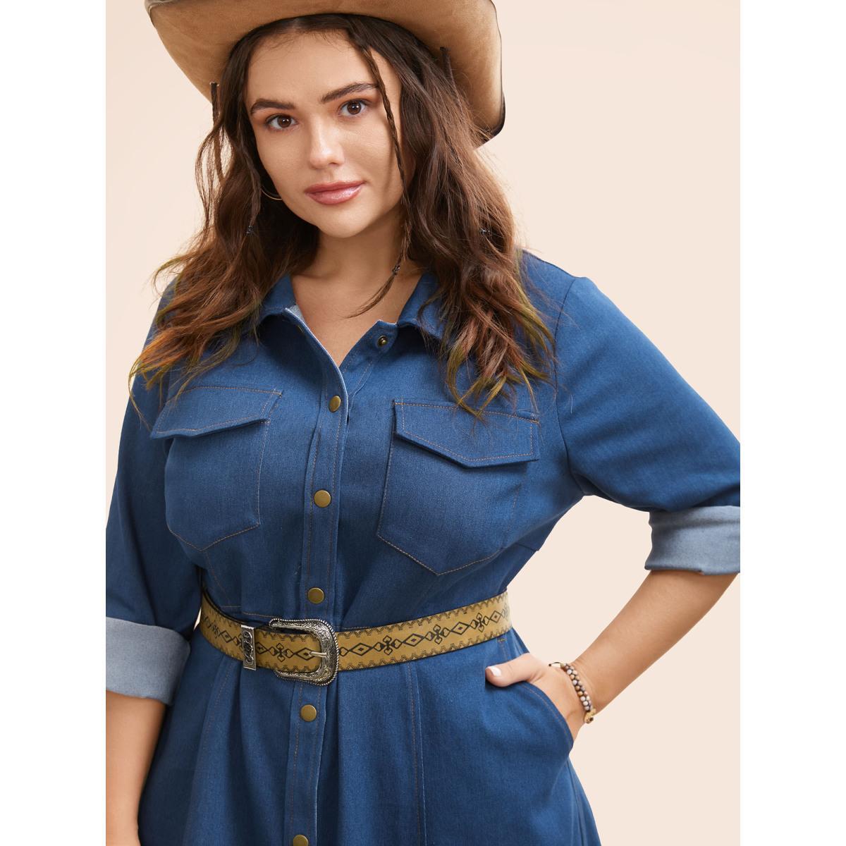 Plus Size Stretch Denim Chest Flaps Waist Defining Midi Dress Denimindigo Women Button Vacation Side seam pocket Resort Denim Dresses BloomChic 14-16/1X Product Image