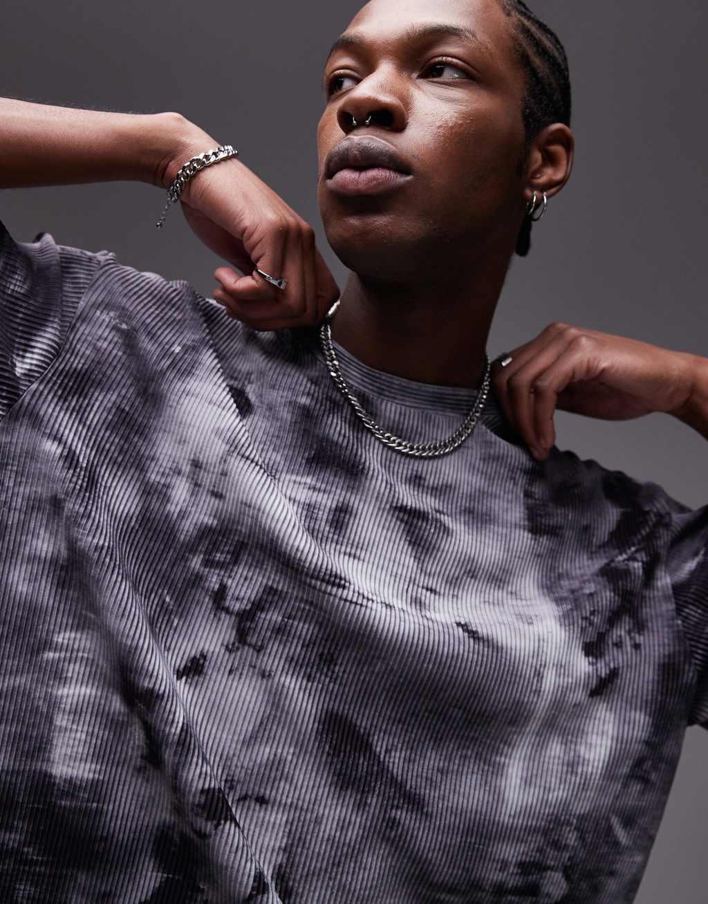 Topman oversized fit printed plisse t-shirt in gray Product Image