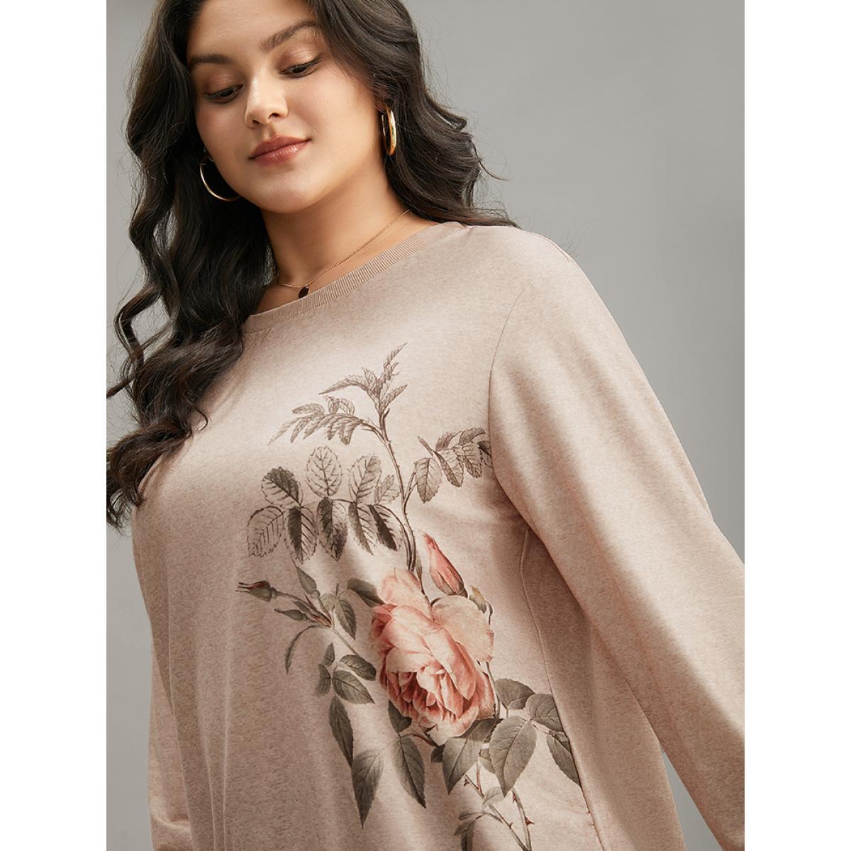 Plus Size Floral Print Elastic Cuffs Sweatshirt Women LightBrown Casual Elastic cuffs Round Neck Dailywear Sweatshirts BloomChic 18-20/2X Product Image