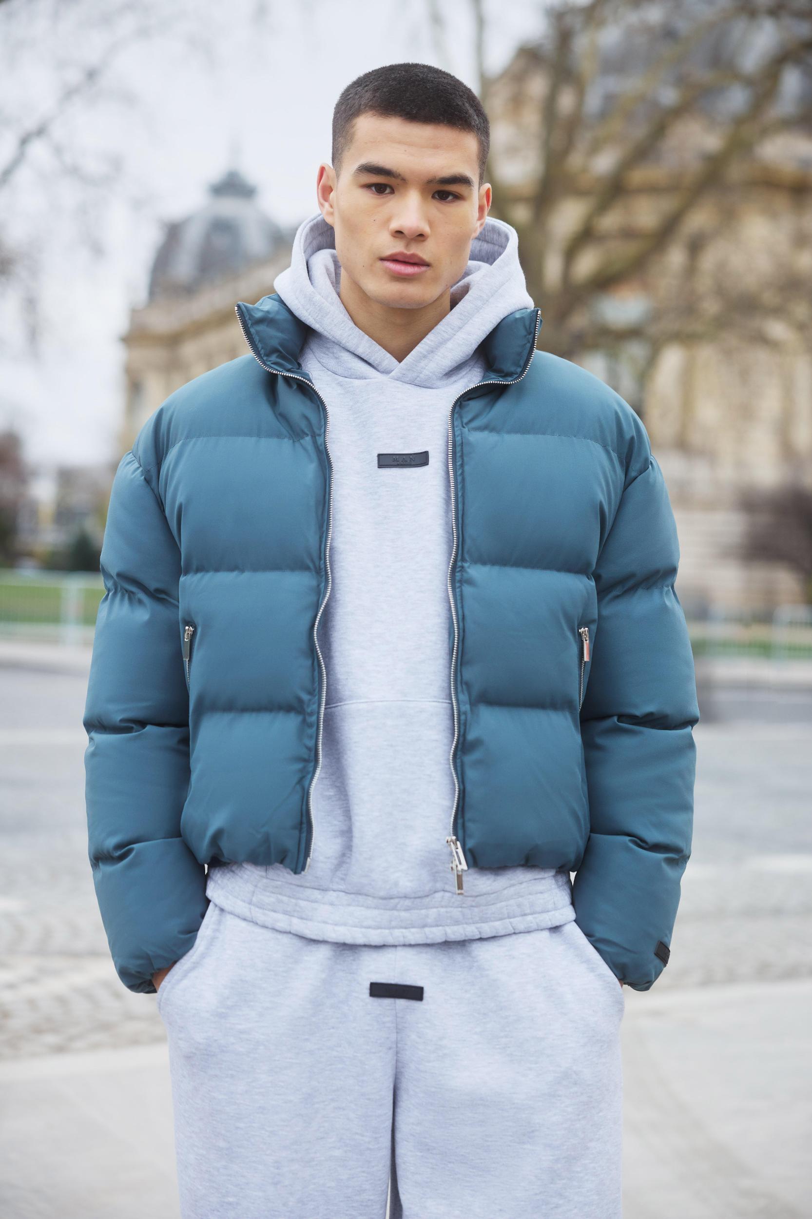 Mens Grey Man Boxy Fit Funnel Neck Puffer Coat In Slate, Grey Product Image
