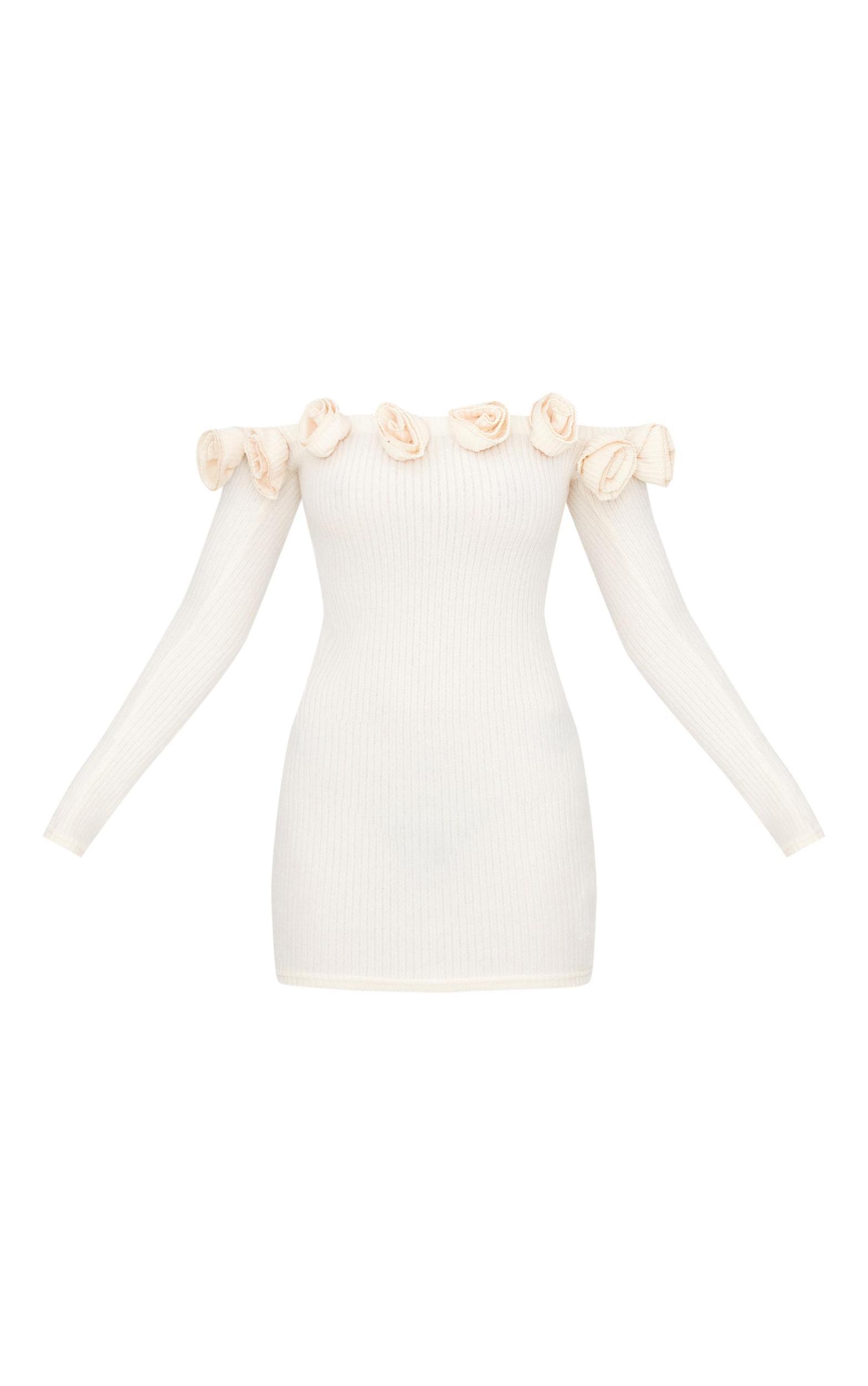 Cream Brushed Rib Corsage Detail Bardot Bodycon Dress Product Image