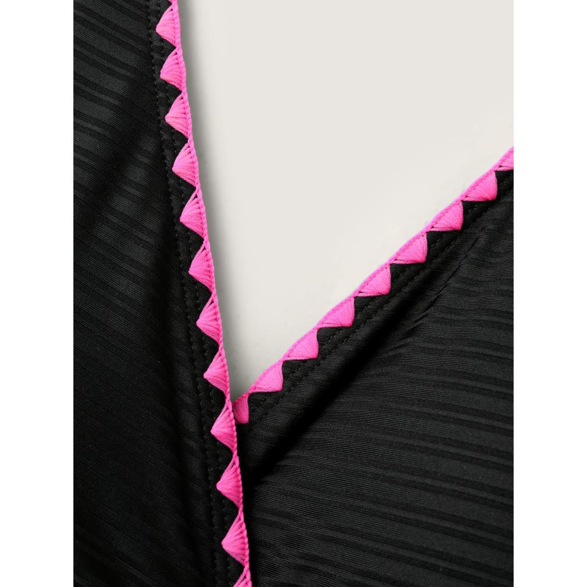 Plus Size Lace Trim Shell Embroidery Swim Top Women's Swimwear Black Beach Tie knot High stretch Skinny Overlap Collar Curve Swim Tops BloomChic 26/4X Product Image