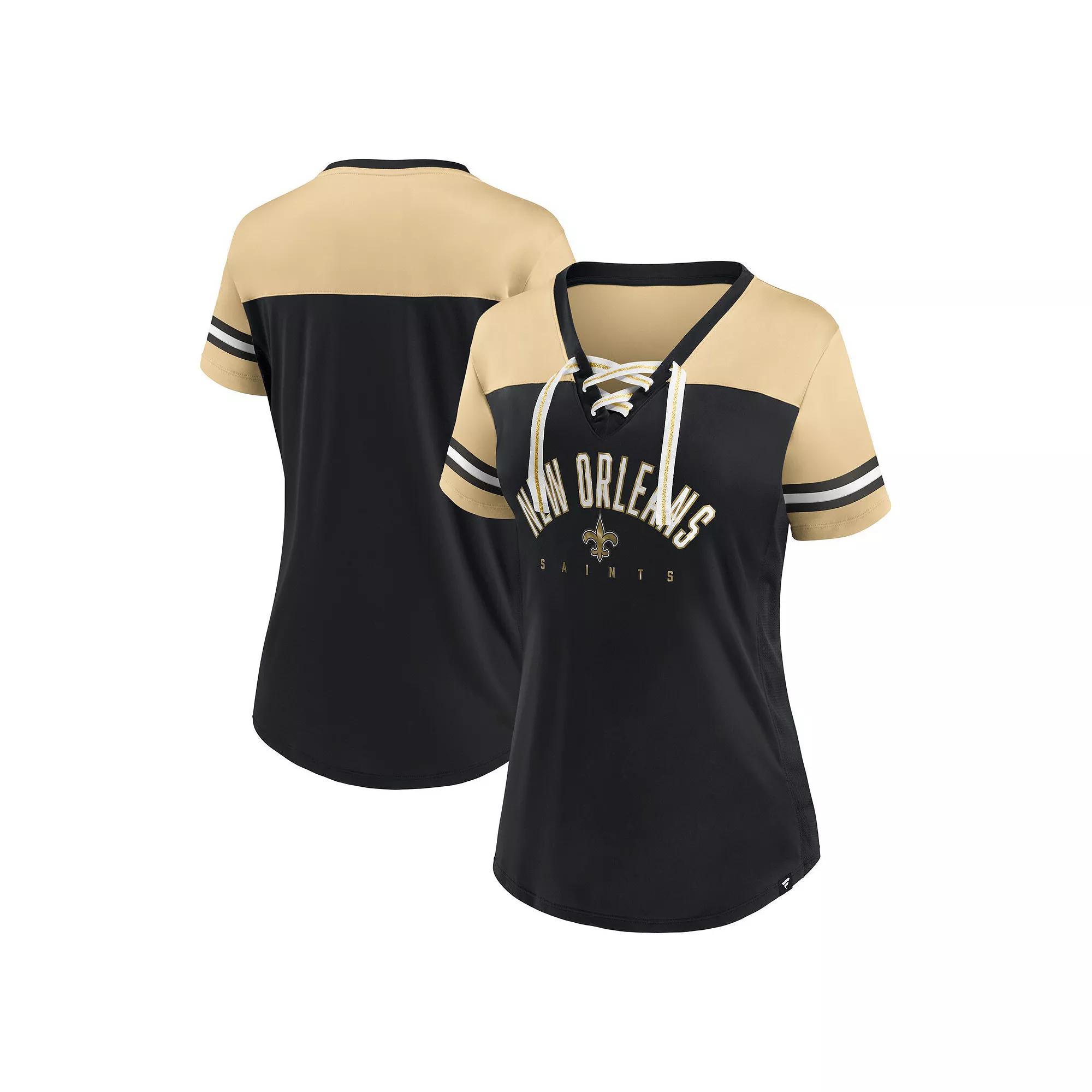 Women's Fanatics Branded Black/Vegas Gold New Orleans Saints Blitz & Glam Lace-Up V-Neck Jersey T-Shirt, Size: Small Product Image
