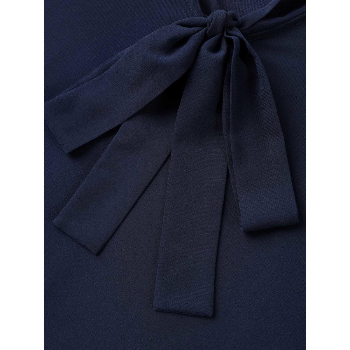 Plus Size Indigo Ribbon Collar Placket Lined Blouse Women At the Office Short sleeve Ribbon-tied collar Work Blouses BloomChic 28/5X Product Image