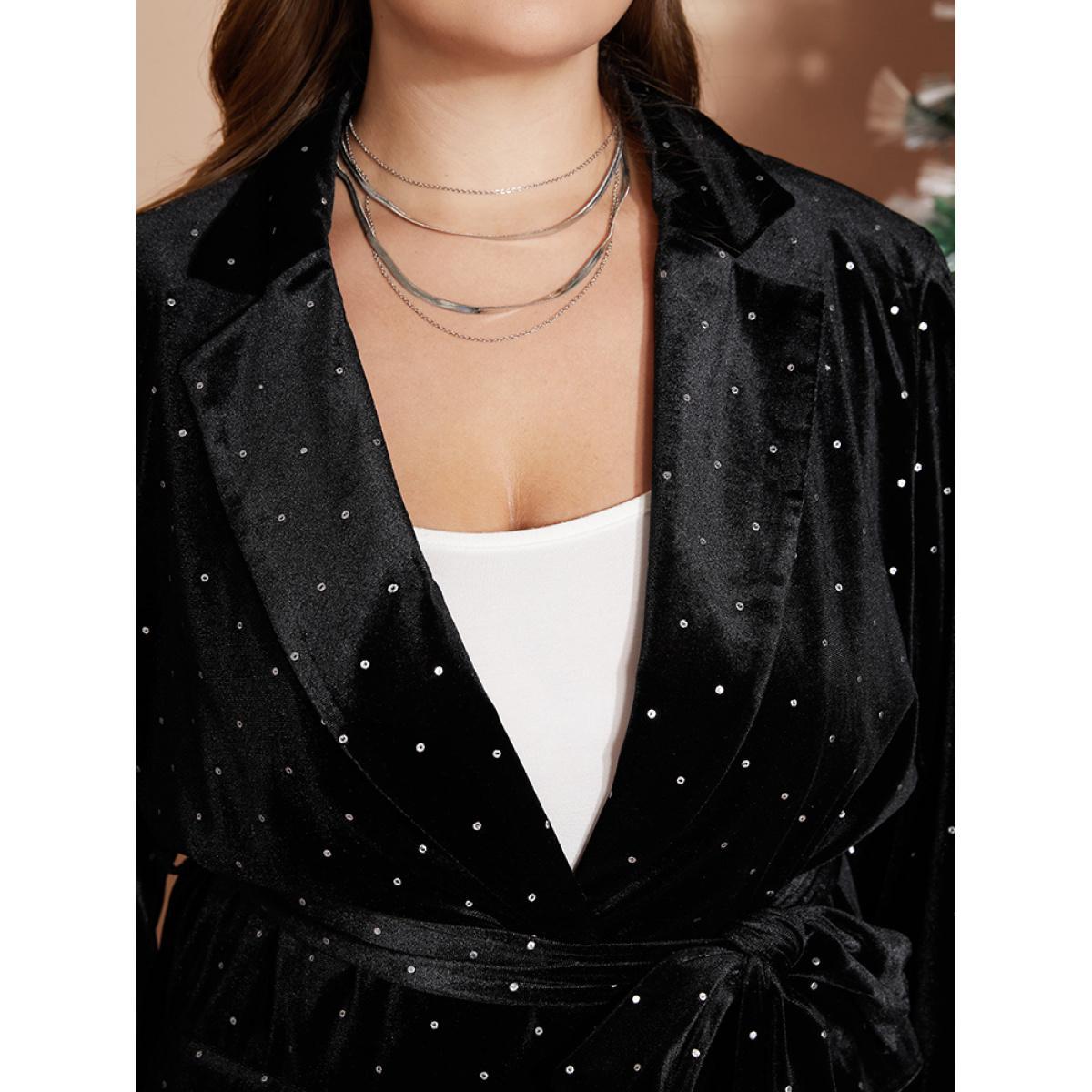 Plus Size Polka Dot Pocket Suit Collar Belted Velvet Blazer Black Women Going out Polka Dot Cross straps Sleeve Long Sleeve Suit Collar 18-20/2X Pocket Belt Party Blazers BloomChic Product Image