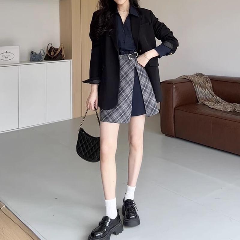 Mock Two-Piece Long-Sleeve Plaid Panel Shirtdress (Various Designs) Product Image