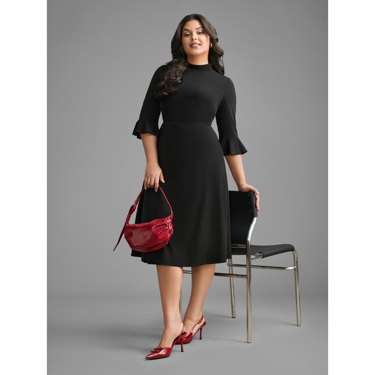 Plus Size Mock Neck Flutter Sleeve Knit Dress Black Women At the Office Ruffles Knit Dresses Bloomchic 14-16/1X Product Image