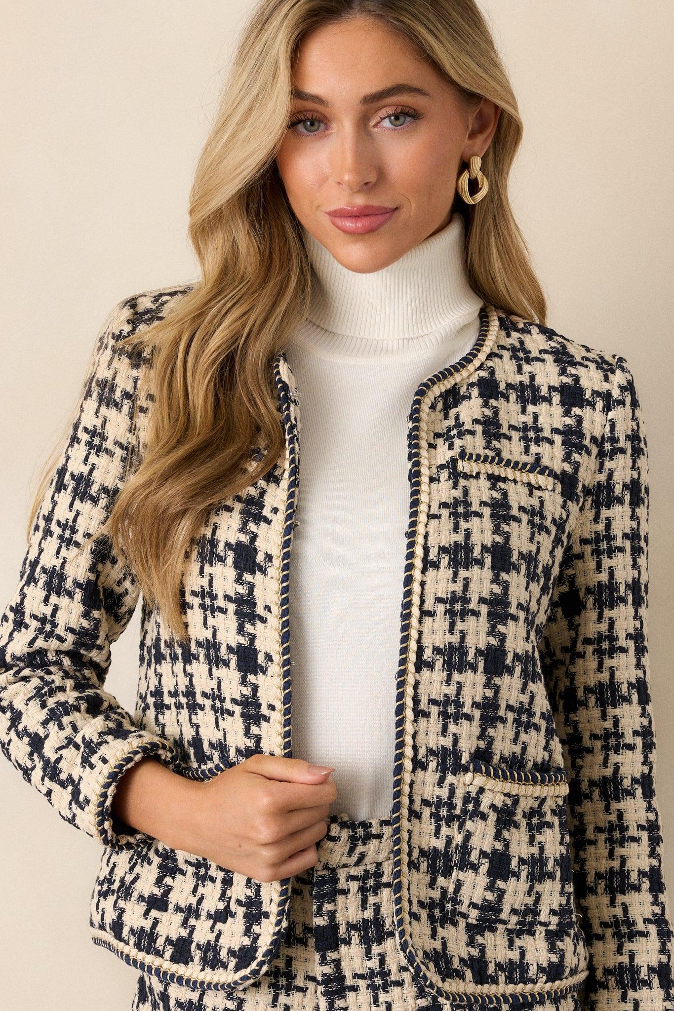 Starlit Pathways Navy Houndstooth Tweed Jacket Product Image