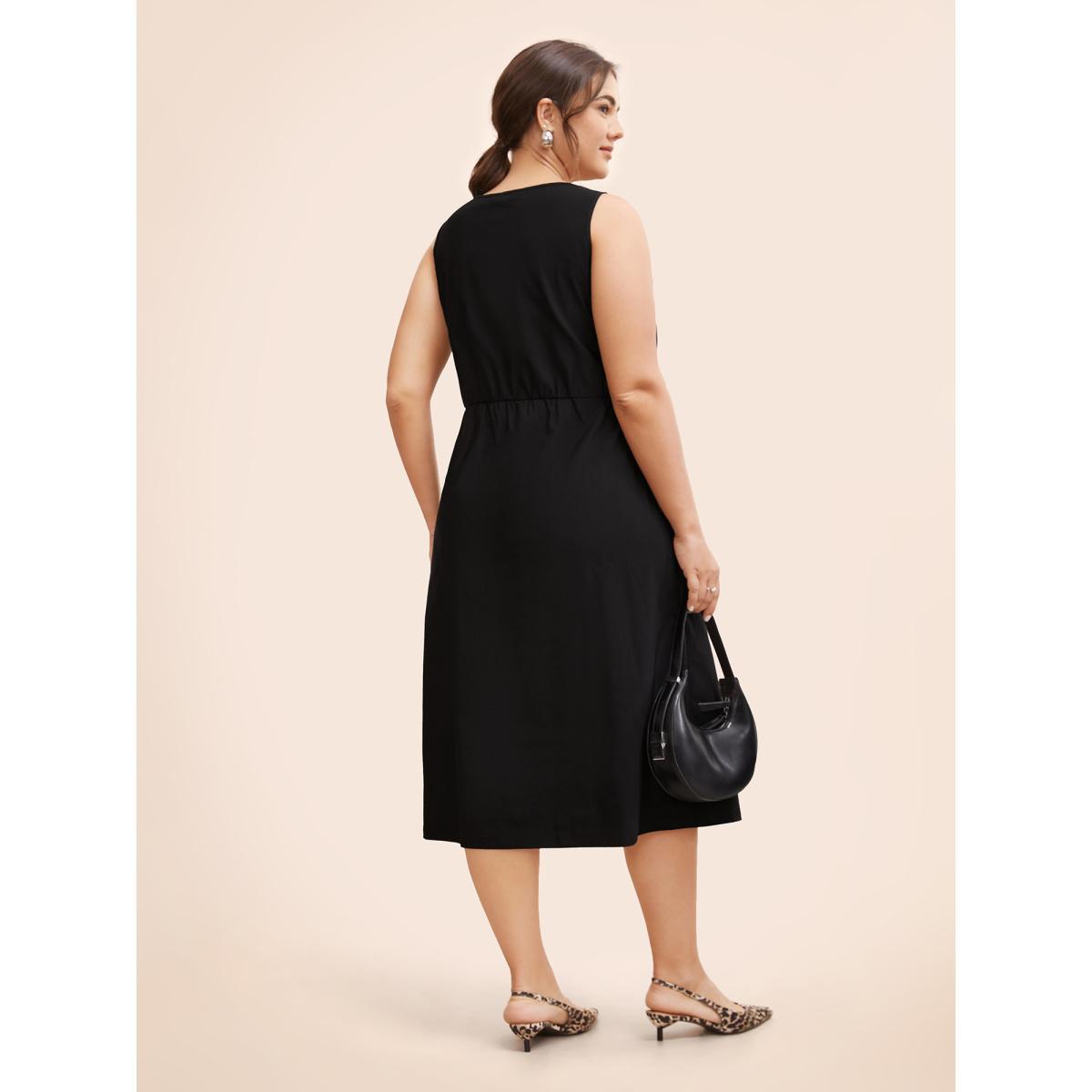 Plus Size Stretch Woven Side Slit Midi Dress Black Women At the Office Twist Round Neck Sleeveless Curvy BloomChic 10/M Product Image