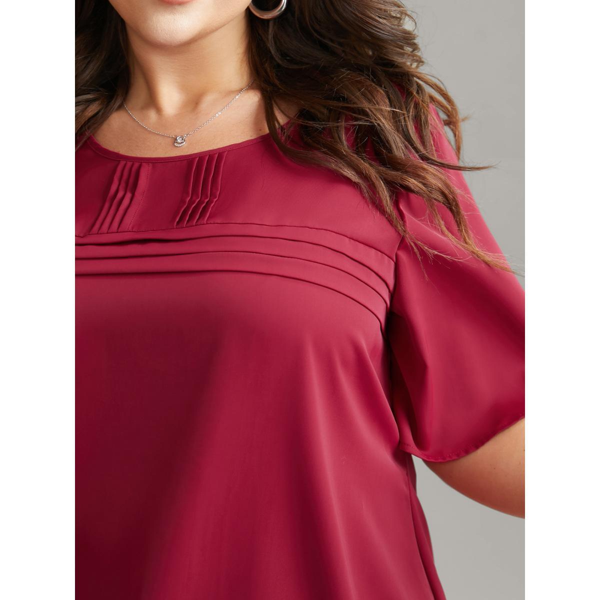 Plus Size RedViolet Solid Pleated Crew Neck Blouse Women Work From Home Short sleeve Round Neck Work Blouses BloomChic 10/M Product Image